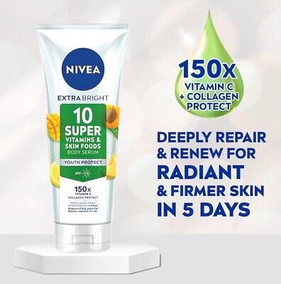 Nivea Extra Bright 10 Super Vitamins & Skin Foods Body Serum Youth Protect SPF15 (320ML)